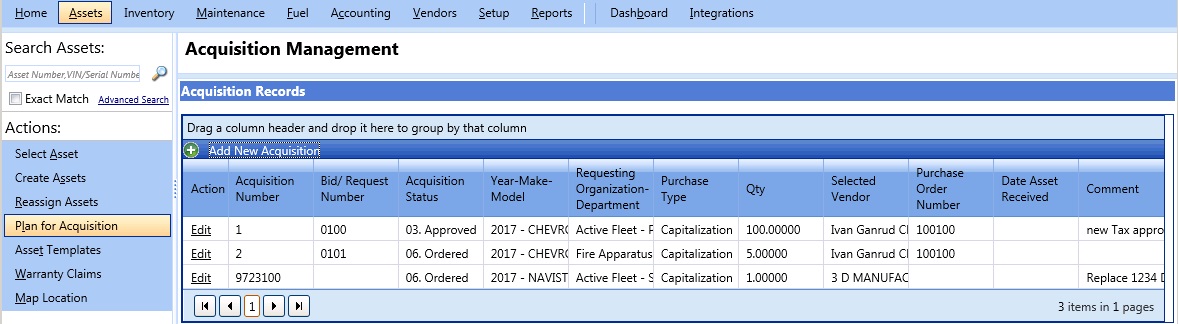 Acquisition planning tab