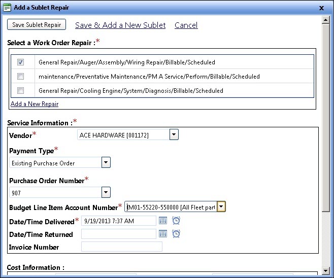 Managing Sublet Work Order