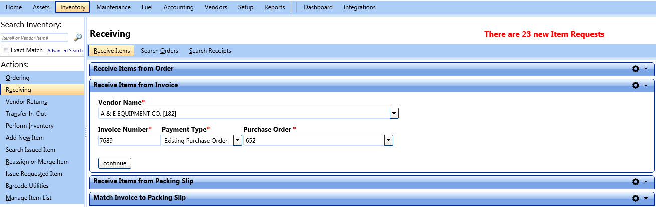 Receive items from invoice
