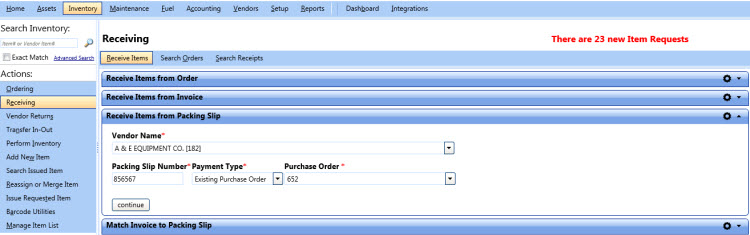 Receive items from packing slip