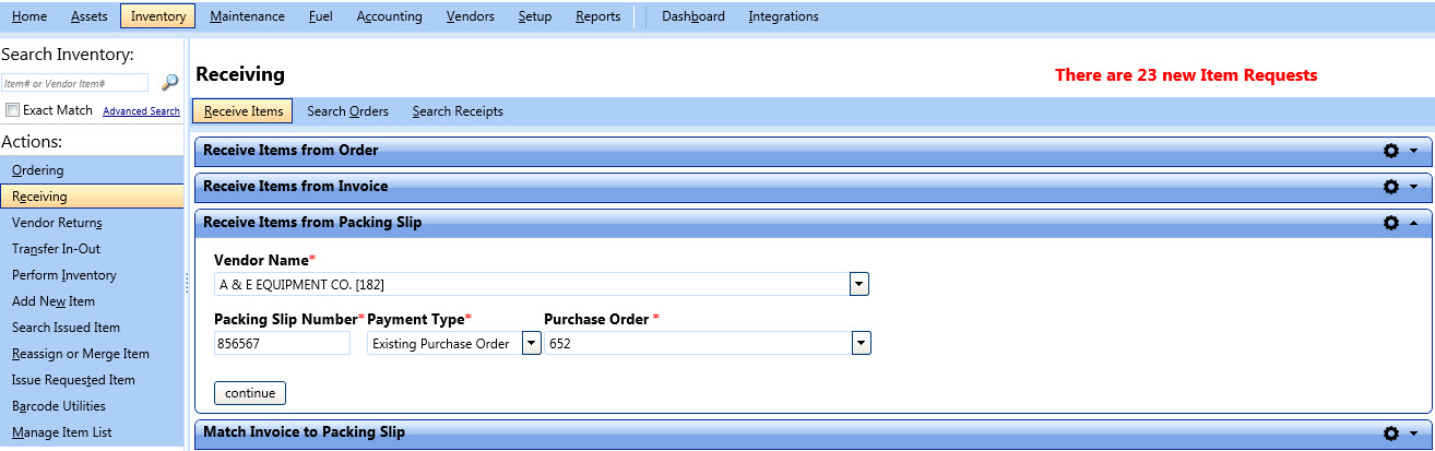 Receive items from packing slip