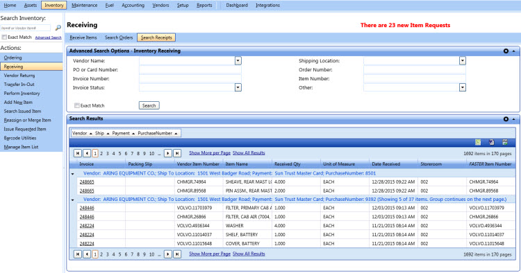 Advanced search options - parts receiving