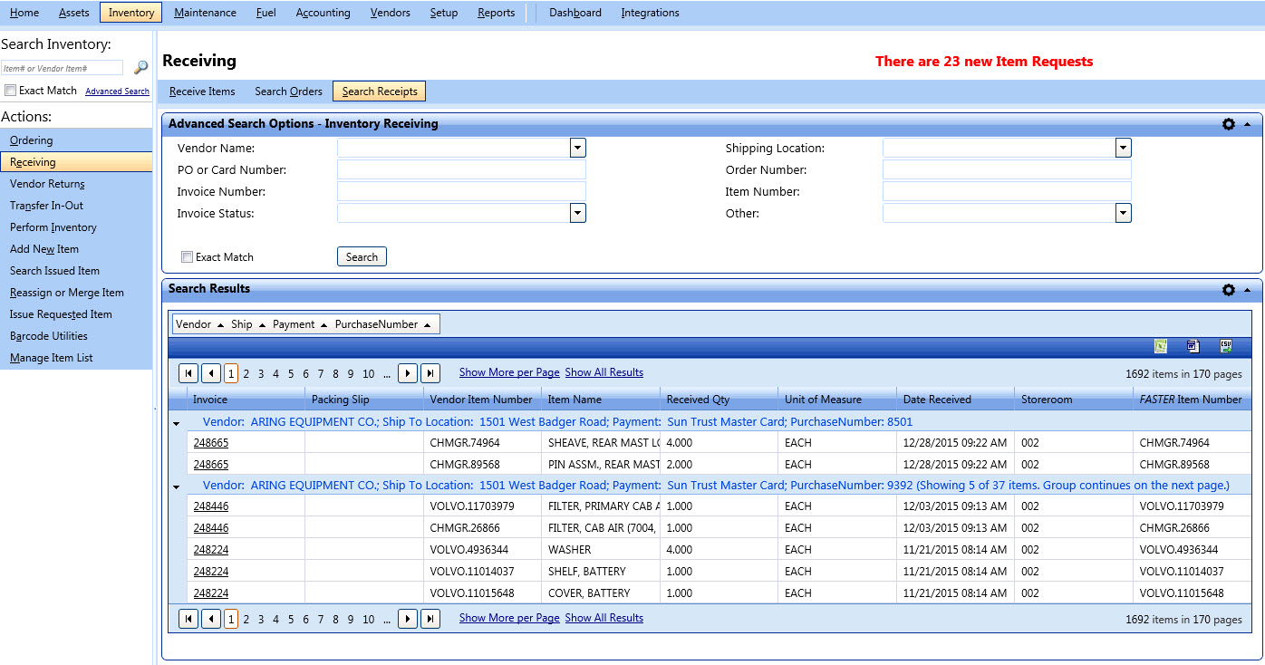 Advanced search options - parts receiving