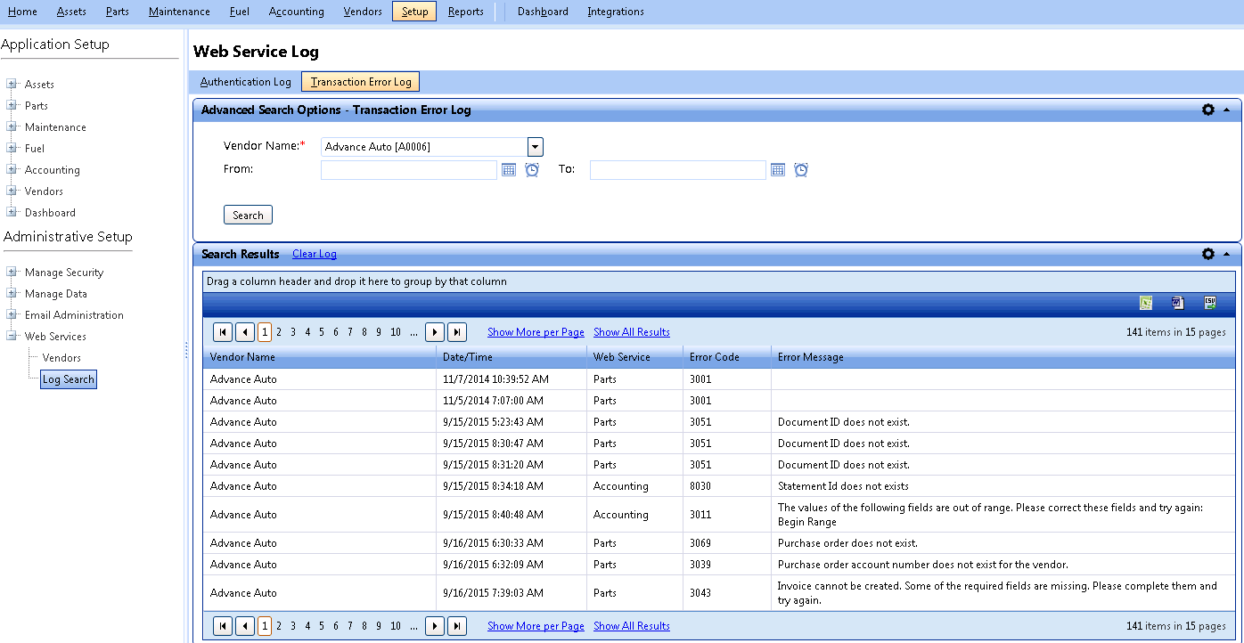 Transaction error log report